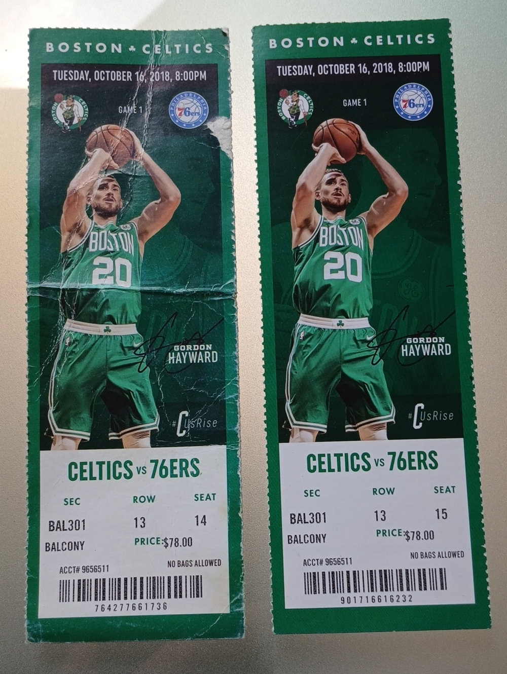 Boston Celtics Gordon Hayward Game Ticket Pair - Green